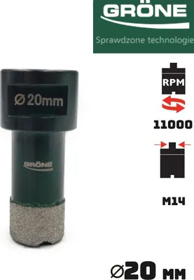Zdjęcie produktu dla Wiertło diamentowe Gröne 20 mm / M14, otwornica diamentowa, wiertło diamentowe, wiertło rdzeniowe, wiertło rdzeniowe, wiertło rdzeniowe, wiertło otworowe