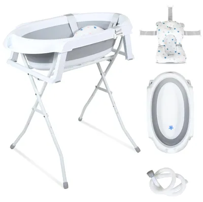 Produktbild von Peviasot Faltbare Baby Badewanne mit Ständer, Badematte, Ablaufschlauch und Temperaturstopfen, 0–3 Monate, Grau