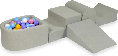 Produktbild von Schaumstoff-Spielset mit Hügel und Mikro-Bällepool – hellgrau mit Bällebadbällen 100 Stück / hellblau, gelb, meliert, puderrosa, weiß
