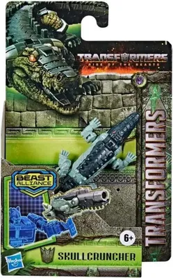 The image shows the packaging for a Transformers Rise of the Beasts toy, specifically the 'Skullcruncher' figure. The packaging features artwork of a robotic alligator and the toy itself in both robot and beast modes.