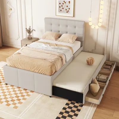 Produktbild von Flieks Polsterbett 90x200cm Einzelbettt mit ausziehbarem Unterbett, Massivholzbett mit Lattenrost und 3 Schubladen, Stauraumbett Gästebett Tagesbett, Beige