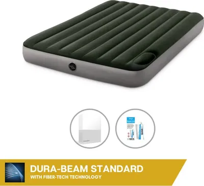 Obrázek produktu pro Nafukovací postel Intex - pro 2 osoby - 152 x 203 x 25 cm - zelená - s vestavěnou nožní pumpou + bílé prostěradlo + opravná sada