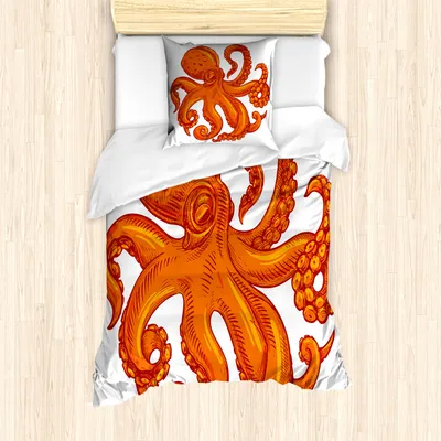 Produktbild von ABAKUHAUS Tintenfisch Mantele, Orange Tiertier, Milbensicher Allergiker geeignet mit Kissenbezügen, 135 cm x 200 cm - 80 x 80 cm, Orange Weiss