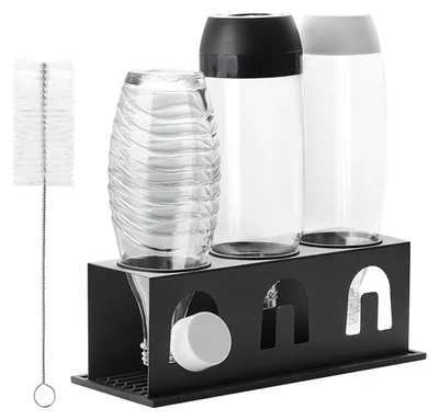 Produktbild von Flaschenhalter für Sodastream Duo Crystal Flaschen, 3-teiliger Abtropfständer aus Edelstahl mit Schutzringen, Abtropfmatte, Deckelhalter und Flaschenbürste, schwarz