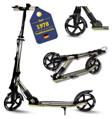 Produktbild von Best Sporting Scooter 205 mm Schwarz/Gold Metallic - Klappbarer Cityroller mit Vorderradfederung, Handbremse, Klingel, Ständer & Tragegurt - Höhenverstellbar für Kinder & Erwachsene bis 100 kg