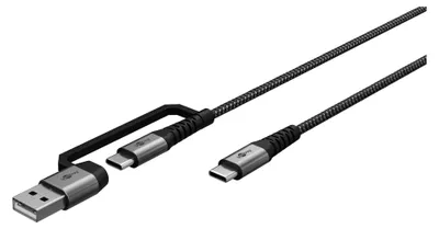 Immagine prodotto di Goobay 70277 Cavo tessile USB 2in1, grigio spaziale/argento, 1 m, 1 m, nero-grigio - cavo di ricarica USB-C™ extra robusto con adattatore per dispositivi USB-A