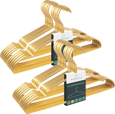 Produktbild von 20x Parusia Kleiderbügel gold,  42cm breit, 1cm stark, Kleiderbügel Metall rostfrei, formstabil, zur platzsparenden Kleideraufbewahrung & Organisation von Kleiderschrank, Kleiderständer