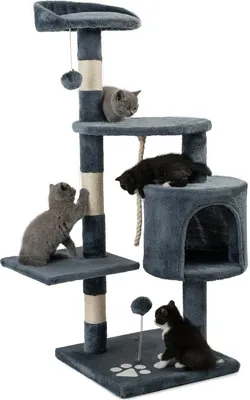 Immagine prodotto di tiragraffi lionto per gatti alto 112 cm, con grotta, corda in sisal, palline di peluche e supporto a parete, albero da arrampicata compatto, grigio scuro
