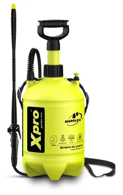 A yellow garden sprayer with a black handle and hose, shown against a white background.