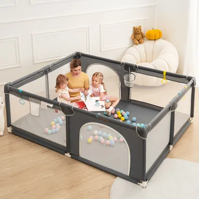 Produktbild von Dětská ohrádka Ohrádka 160 x 160 cm s úložnou taškou Centrum aktivit s protiskluzovou základnou, prodyšné síťované bezpečnostní hřiště, šedá