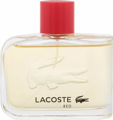 A clear, front-facing studio shot of a Lacoste Red Eau de Toilette bottle.