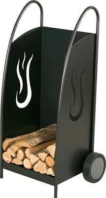 A black metal log holder with wheels, filled with firewood, shown from a three-quarter angle.