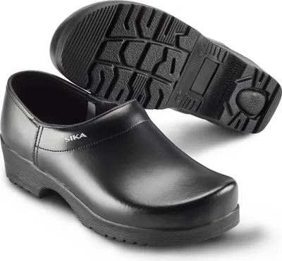 A pair of black Sika clogs, with one shoe shown from the side and the other from the sole.