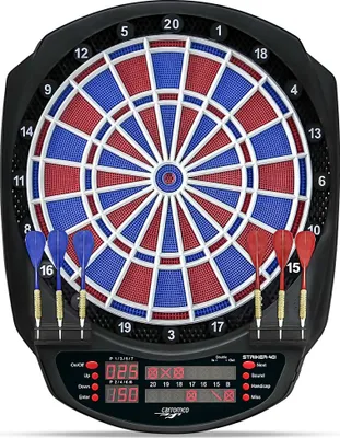 Produktbild von Carromco Elektronik Dartboard Striker-401 2-Loch Abstand Adapter rot-blau 8 Spieler Softdarts Netzteil 34 Spielen 584 Variationen Dartscheibe