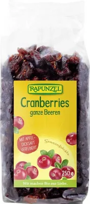 A bag of dried cranberries with a yellow label.
