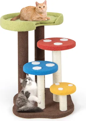 Image de COSTWAY Centre de jeu 3 en 1 94cm, arbre à chat à 5 étages avec 3 poteaux en sisal, tapis amovible et plates-formes en forme de champignon