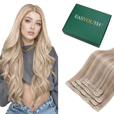Immagine prodotto di Clip-in per extension di capelli naturali, biondo, 55 cm, 70g, tonalità #18P613, set da 5 pezzi