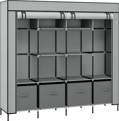 Image de Armoire pliante en tissu aspect non-tissé, gris foncé, avec tringle à vêtements, 10 compartiments et 4 tiroirs, penderie pour chambre à coucher et couloir