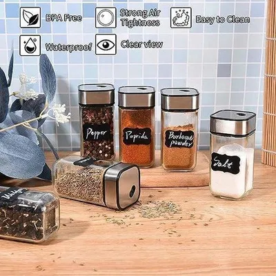 Immagine prodotto di Set di contenitori per spezie Famanu, capacità 120 ml, 24 pezzi, in vetro con chiusura in acciaio inossidabile