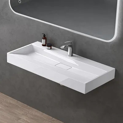 Produktbild von doporro Colossum19 Mineralguss-Waschbecken, weiß, 120x46x11cm, Aufsatz- und Hängewaschbecken, mit Armaturloch, inkl. Ablaufgarnitur, Standard DIN-Anschlüsse, aus einem Stück