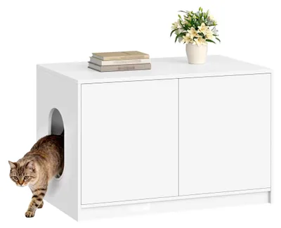 Produktbild von Katzentoilettenschrank, Versteckte Katzentoilette Möbel, Katzenschrank mit Drucktüren und Belüftungsöffnungen, Minimalistisches Katzenhaus, Wohnzimmer, 80 x 50 x 51,5 cm, Weiß