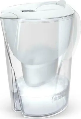 A Brita water filter pitcher filled with water.