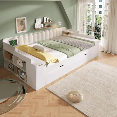 Imagen del producto de STILVORA: Cama nido de 140 x 190 cm con cama extraíble, cama doble con somier de metal y estación de carga, cama juvenil con espacio de almacenamiento oculto y carrito