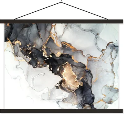 Produktbild von MuchoWow® Textilposter Marmor - Schwarz - Weiß - Gold - Luxus - Abstrakt 120x90 cm mit schwarzem Rahmen - Aufhänger für Poster