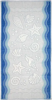 A beach towel with a sea-themed pattern.