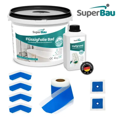 Produktbild von Superbau Dichtset - Flüssigfolie 4 kg, Tiefengrund 1L, Dichtband 10m, 4x Innenecke, 2x Manschette, Bad & Dusche Abdichtung Set, Wasserdicht, Grau