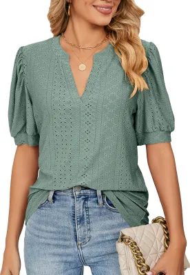 Produktbild von ASKSA Damen T-Shirt Puffärmel Aushöhlen Bluse V-Ausschnitt Sommer Kurzarm Shirts, Dunkelgrün, L