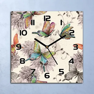 Produktbild von Wanduhr Echt-Glas-Küchenuhr Schmetterling Blumen Quarz 30x30 Deko Bilder