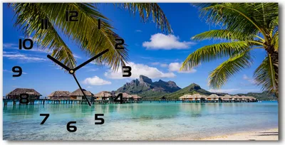 Produktbild von Wanduhr aus Glas – 60x30 cm - Glasbild - Glasuhr - Gehärtetes Glas - schwarze-zeiger - Palmen auf Bora Bora