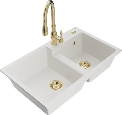 Produktbild von Mexen Tomas 2-Becken-Granitspüle mit Mischbatterie Savita, Weiß - 6516-20-672601-50