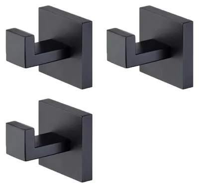 Imagen del producto de 3 ganchos negros mate para colgar en la pared, fabricados en acero inoxidable
