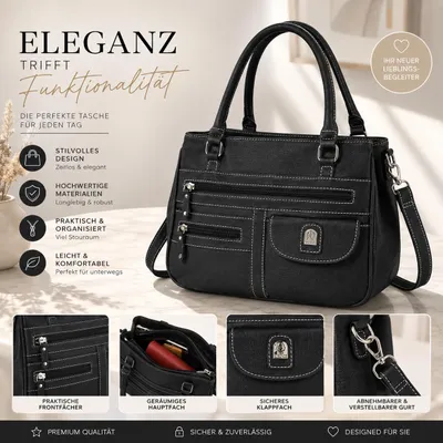 Produktbild von Damen Tasche Schultertasche Henkeltasche Handtasche Leder Optik BLACK (17655)