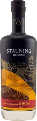 A bottle of Stauning KAOS Triple Malt Danish Whisky.
