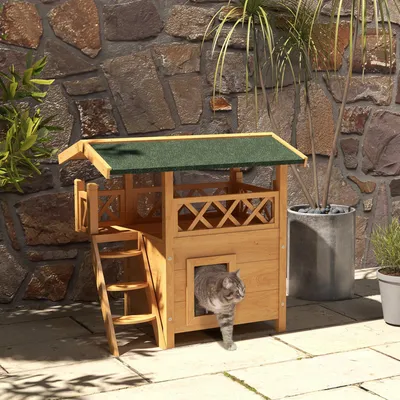 Image de Maison pour chat d'extérieur à deux étages avec échelle, cabane pour chat de jardin en bois de sapin avec toit en bitume, couleur naturelle/verte | 77 x 50 x 73 cm | 10 kg | plancher surélevé