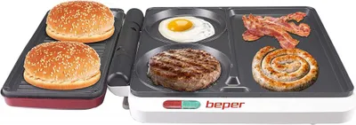 A multi-functional grill with various food items cooking on it.