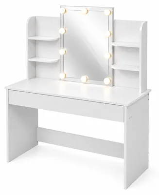 Imagen del producto de Mesa de maquillaje Relaxdays con espejo estilo Hollywood, iluminación, cajón, dimensiones: 140 x 108 x 40 cm, mesa de tocador, color blanco, Imagen generada por IA