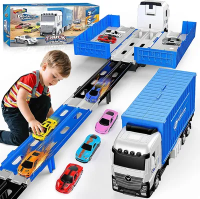 Productafbeelding van EUCOCO Auto Transporter Speelgoed met 8 raceauto's – 158 cm racebaan, vrachtwagen speelgoed met lanceerfunctie, opvouwbare transportvrachtwagen, speelgoedauto set voor kinderen vanaf 2-6 jaar
