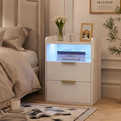 Produktbild von INONEFT Nachttisch 40 x 40 x 60 cm, moderner Aufbewahrungsschrank mit LED und USB, minimalistisches Design mit 2 Schubladen, für Schlafzimmer, weiß