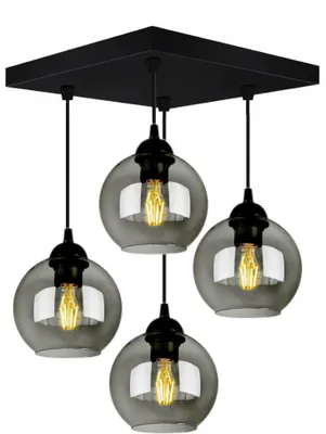 A black square ceiling lamp with four hanging glass pendant lights.