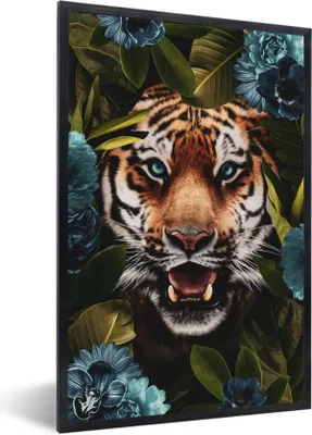Produktbild von MuchoWow® MuchoWow® Gerahmtes Poster Tiger - Blätter - Blau 40x60 cm - Poster mit zchwarzem Bilderrahmen - Papierdruck - Wandbilder