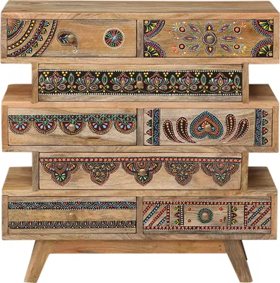 Produktbild von Marrakesch Exquisite Kommode mit Schubladen aus Holz bunt 64cm groß | Orientalische Deko kleine Schubladenkommode Nachttisch mit Intarsien für stilvolle Aufbewahrung und Deko Wohnzimmer Schlafzimmer