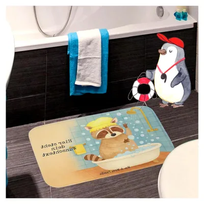 Produktbild von Badvorleger Selbst Gestalten Waschbär Design - Geschenk, Fröhlich, Personalisierte Badematte, Duschvorleger Mit Namen, Badmatte, Tagträumen, Seifenblasen, Waschen