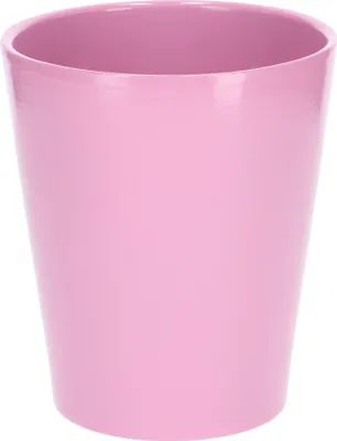 A close-up studio shot of a pink ceramic flower pot against a white background.