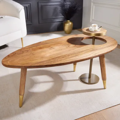 Produktbild von riess-ambiente 2er Set Couchtisch GATSBY 110cm gold braun massives Mangoholz Metall Mango oval Beistelltisch rund retro