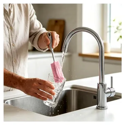 Produktbild von Drehbare Flaschenbürste mit langem Griff in Rosa und Grün