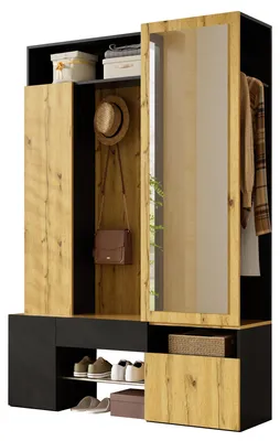 Obrázek produktu pro Zrcadlová šatní skříň Moonbite s celotělovým zrcadlem, botník, šířka 127 cm, tyč na oblečení a háčky, materiál: MDF, barva: černá